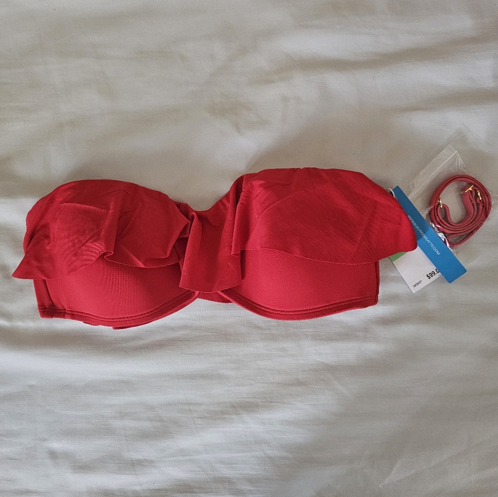 NWT Bleu Rod Beattie Kore Ruffle Bandeau Bikini Top - Red, US 8